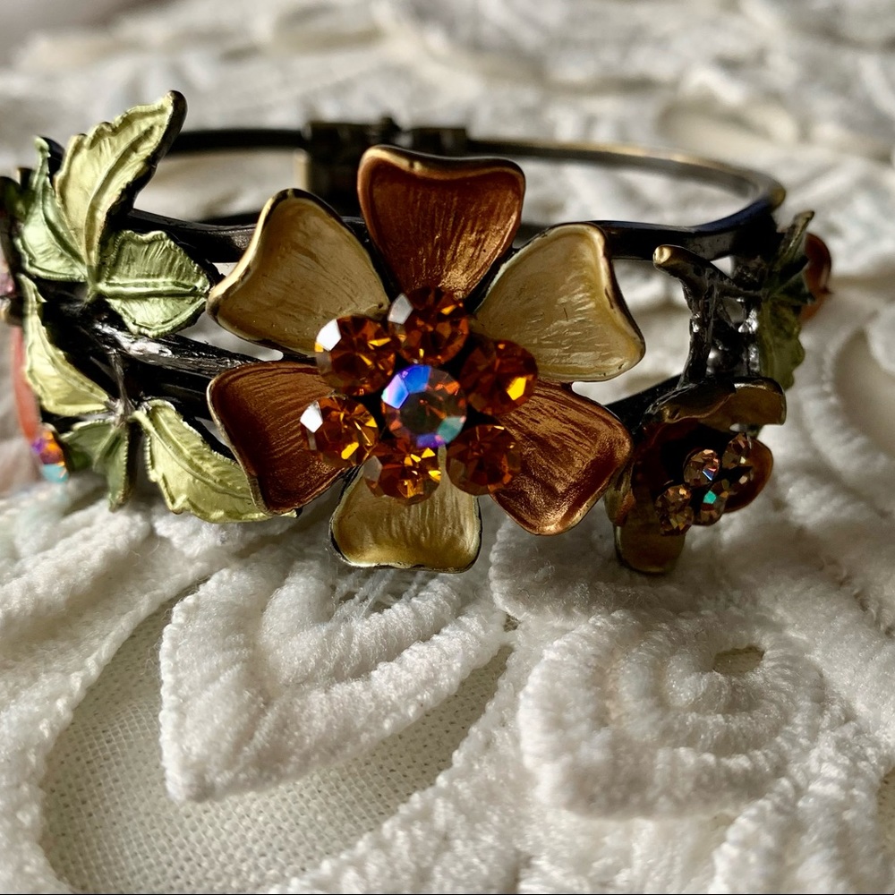 Vintage Flower And Dragonfly with Amber and Iridescent Crystals Bracelet…